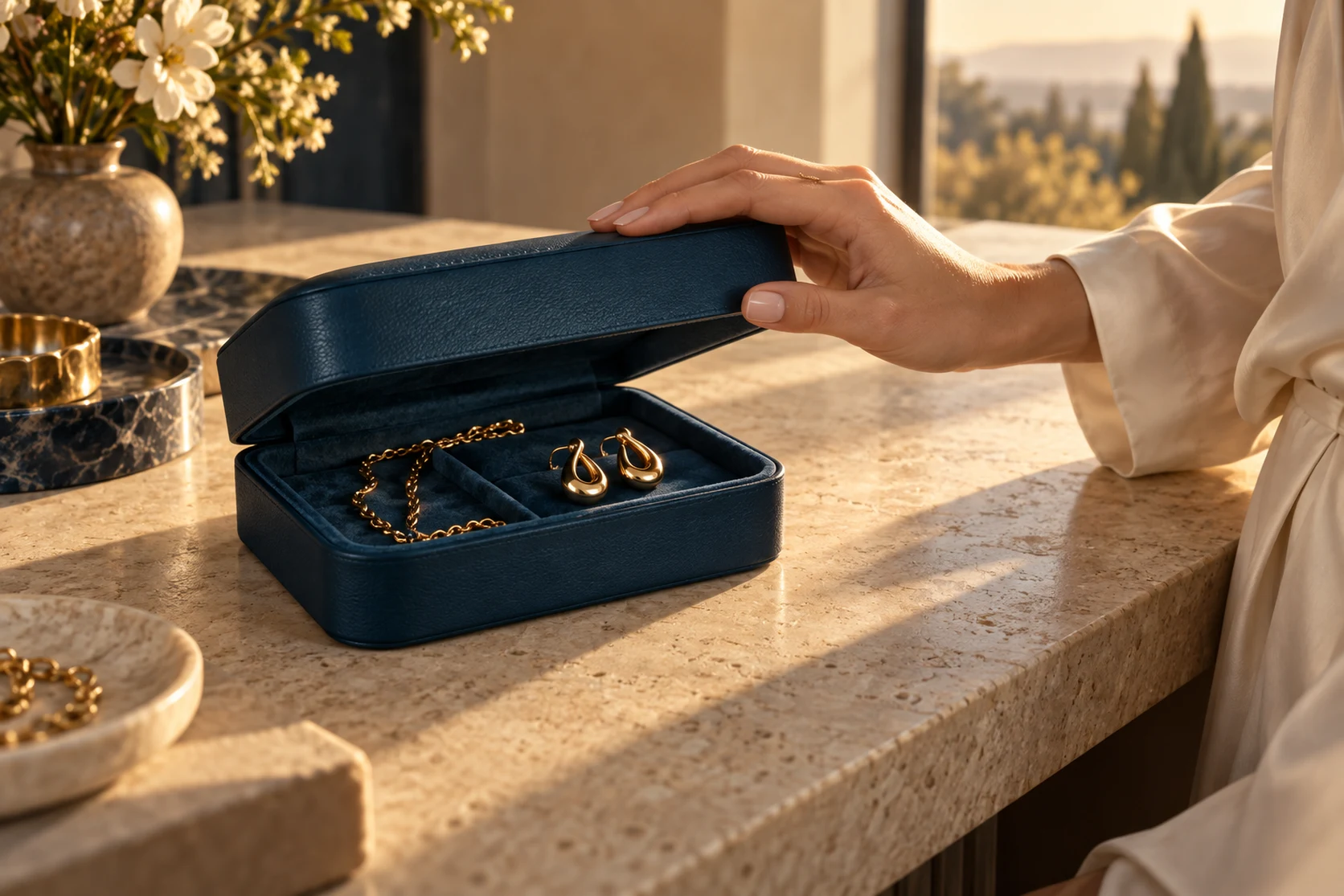 AI-created editorial of jewelry in a blue leather case