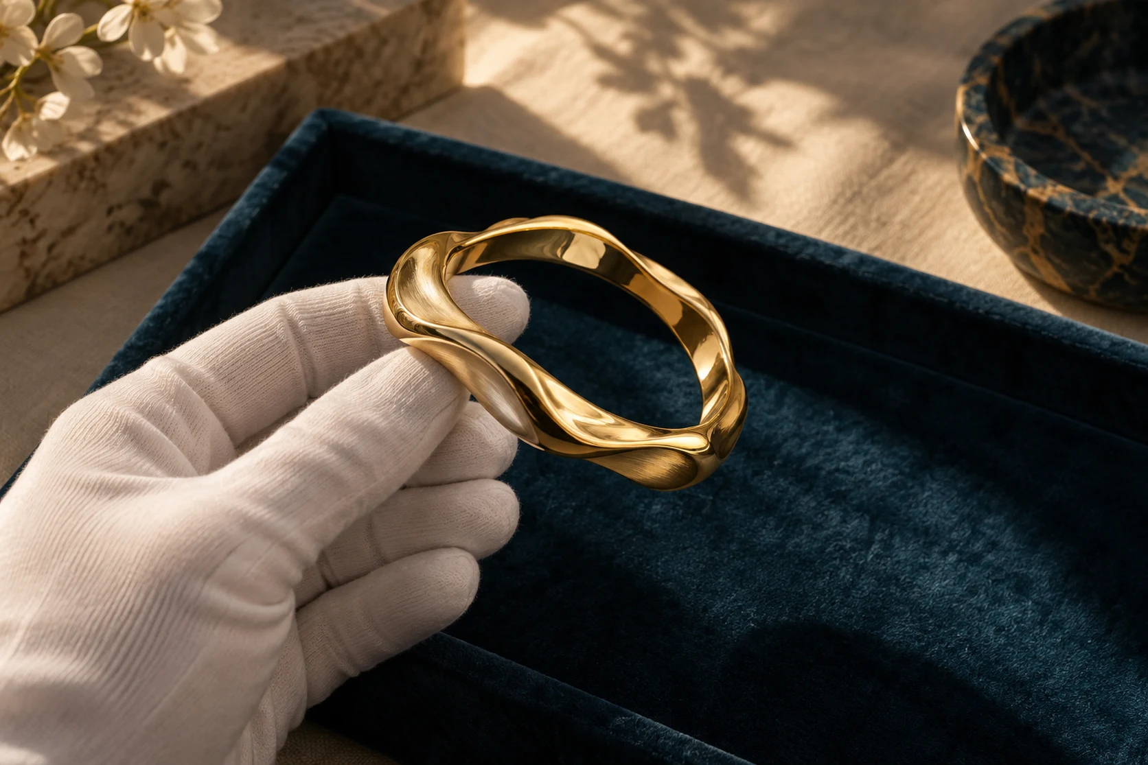 AI-created editorial of a gold bracelet held in a white glove